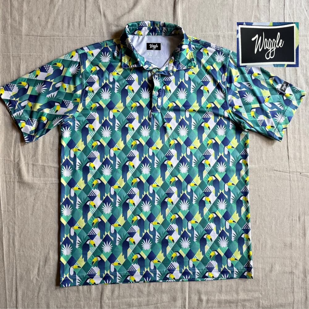 Waggle Shirt Men's XL Performance Polo Green Geometric Toucan Print Summer Golf